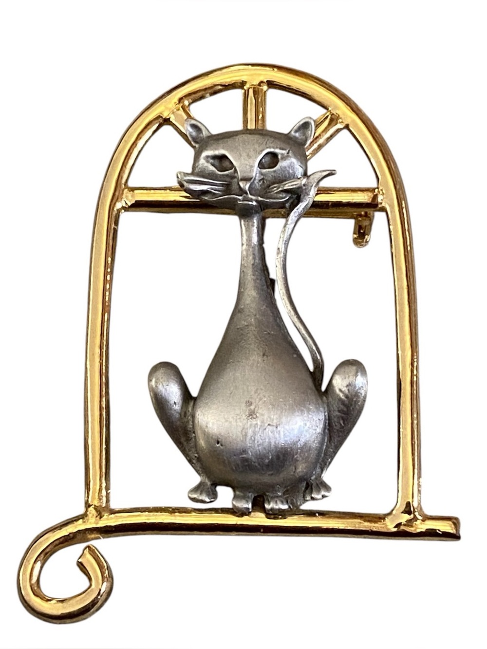 Ultra Craft vintage goldtone/pewter cat in a window brooch